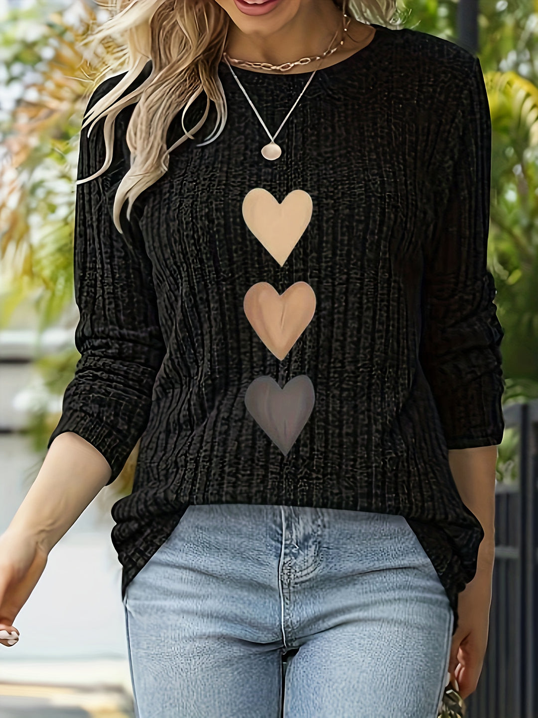 Mevara - Heart Print Rib Knit Top