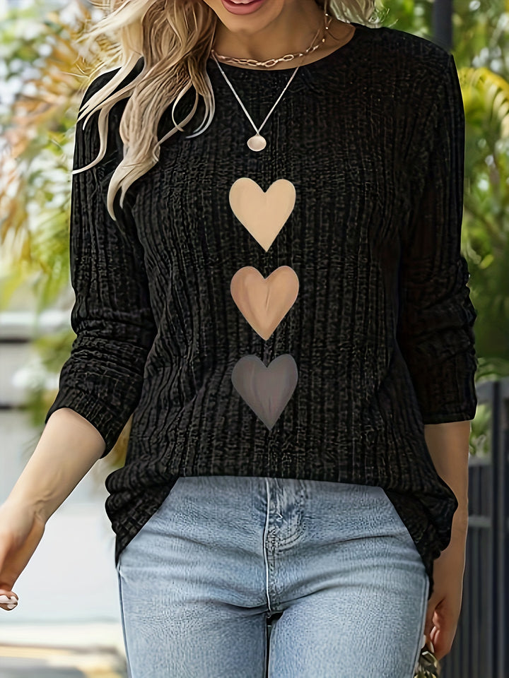 Mevara - Heart Print Rib Knit Top