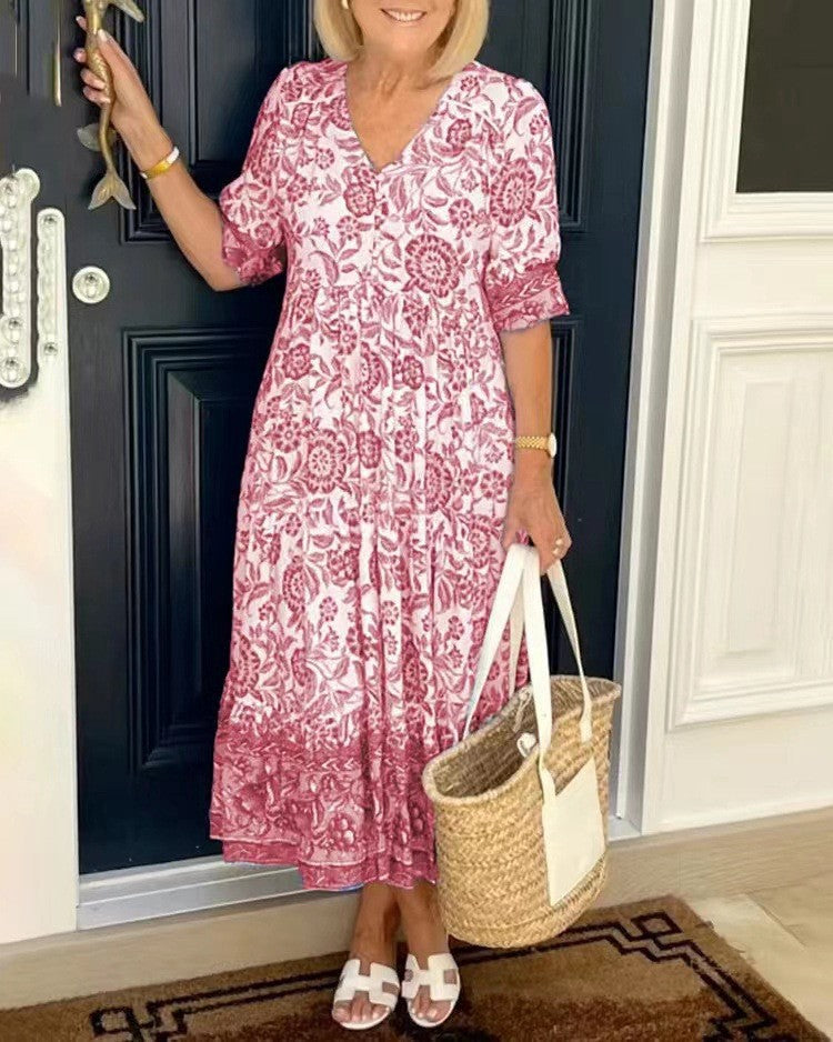 Nalira - Deep V-Neck Floral Print Dress