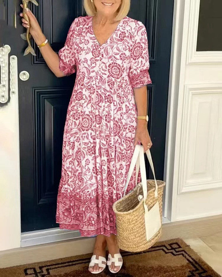 Nalira - Deep V-Neck Floral Print Dress
