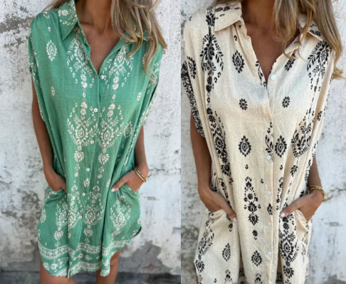 Serava - V-Neck Cotton-Linen Dress