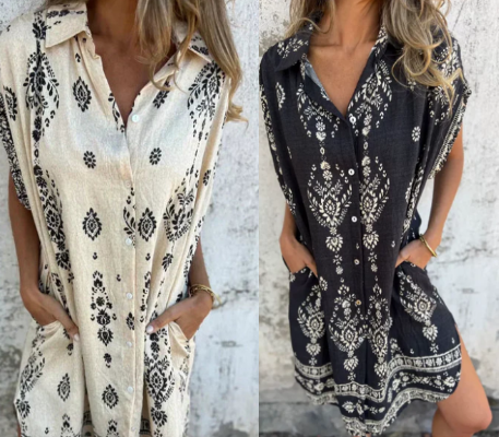 Serava - V-Neck Cotton-Linen Dress