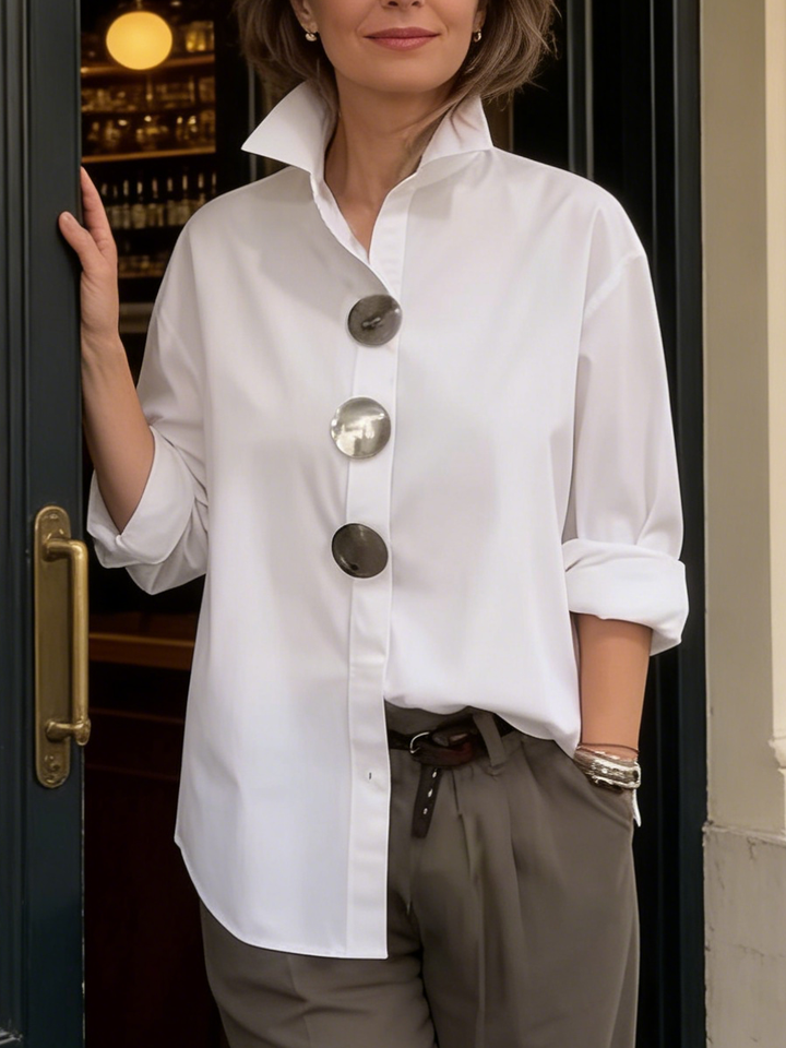 Avenya - Stand Collar Cotton-Linen Blouse