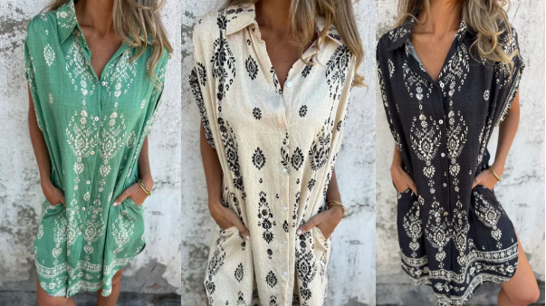 Serava - V-Neck Cotton-Linen Dress