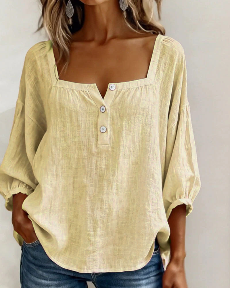 Sivara - Square Neck Cotton-Linen Blouse