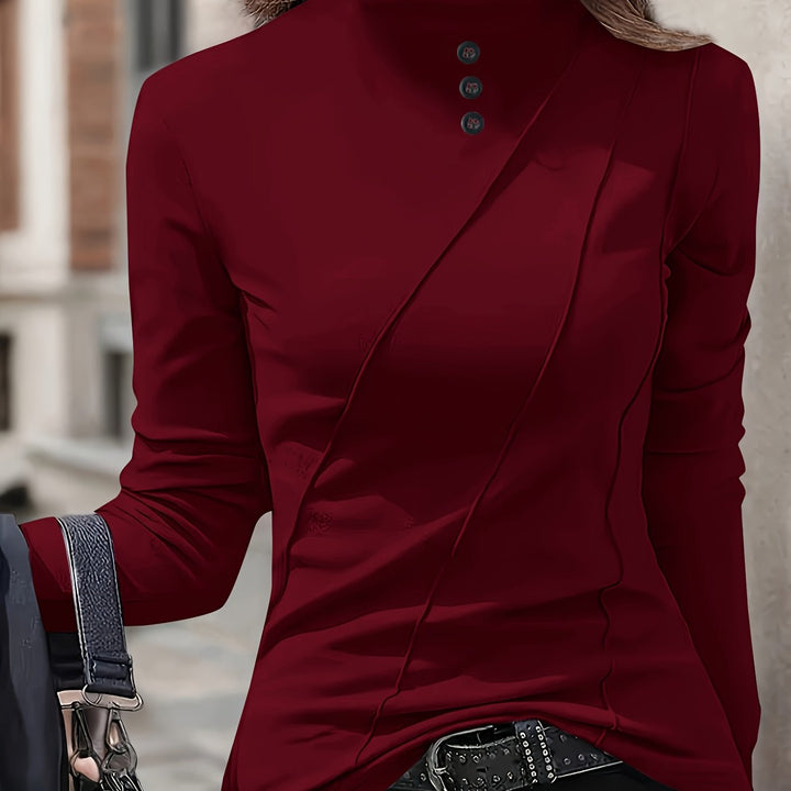Selara - High Neck Stretch Knit Long-Sleeve T-Shirt