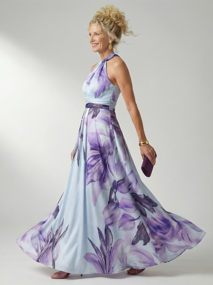 Mevara - Halter-Neck Floral Print Maxi Dress