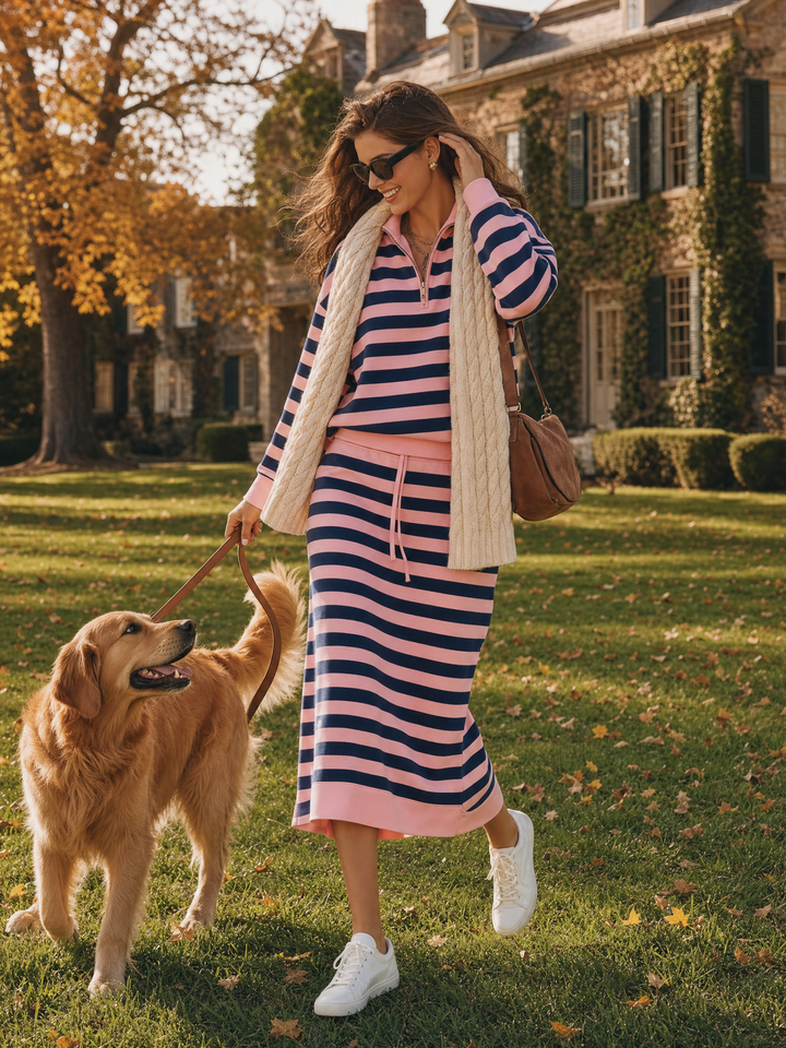 Kivara - Half-Zip Stand Collar Cotton-Blend Skirt Set