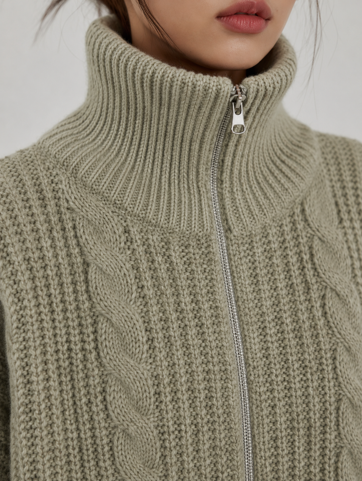 Velira - Zip-Front Cable Knit Cardigan