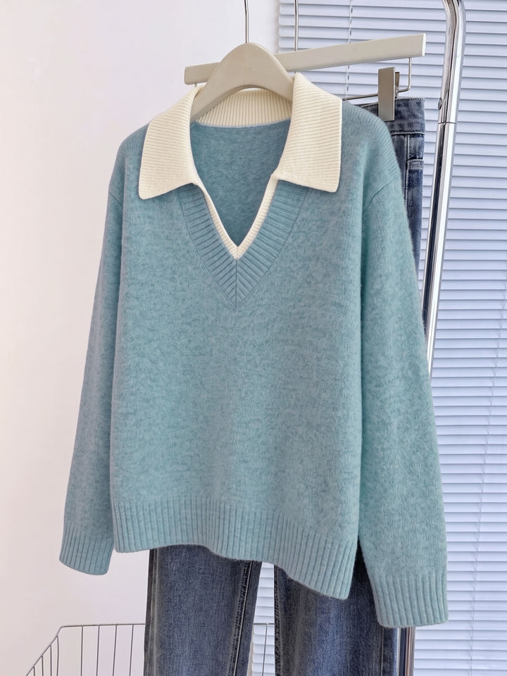 Cirelle - Double-Layered Contrast Collar Knit Pullover Sweater