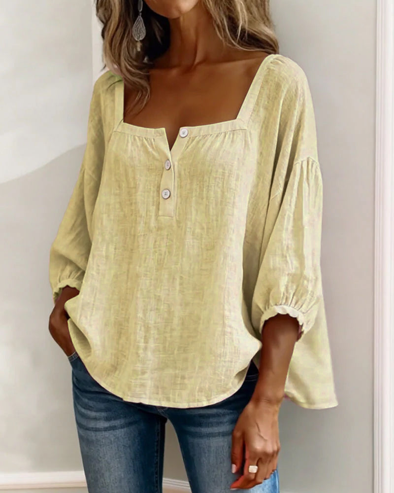 Sivara - Square Neck Cotton-Linen Blouse