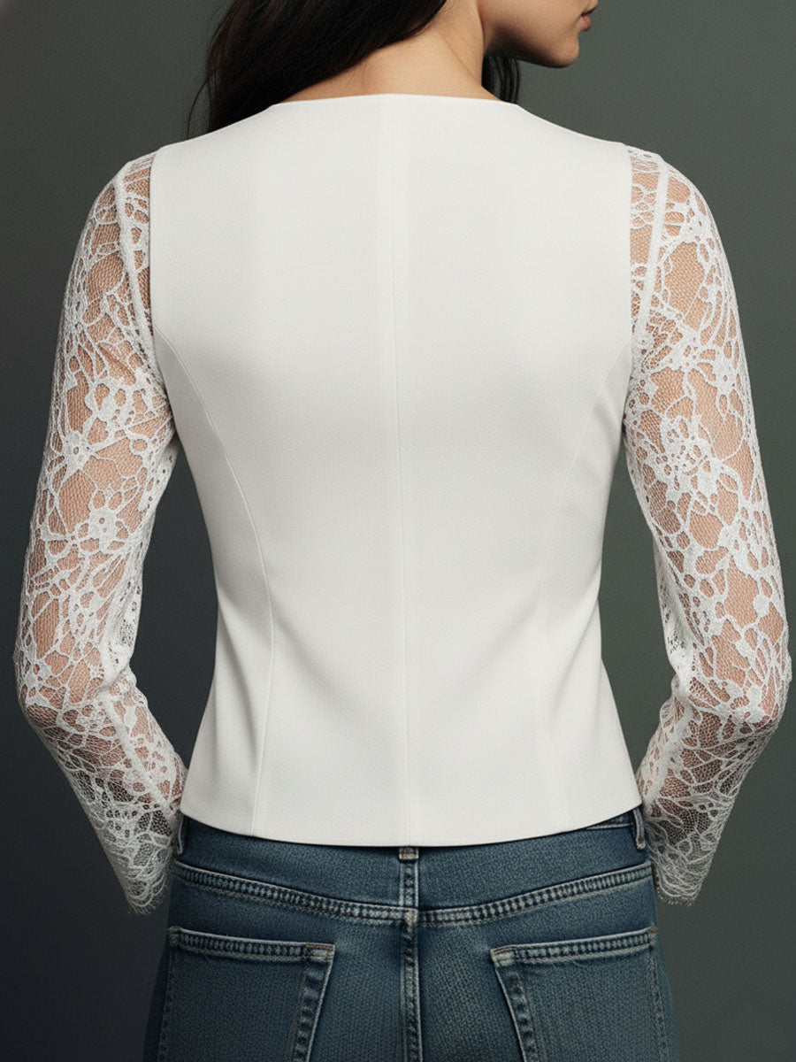 Nalira - Lace-Sleeve Blouse Waistcoat Set