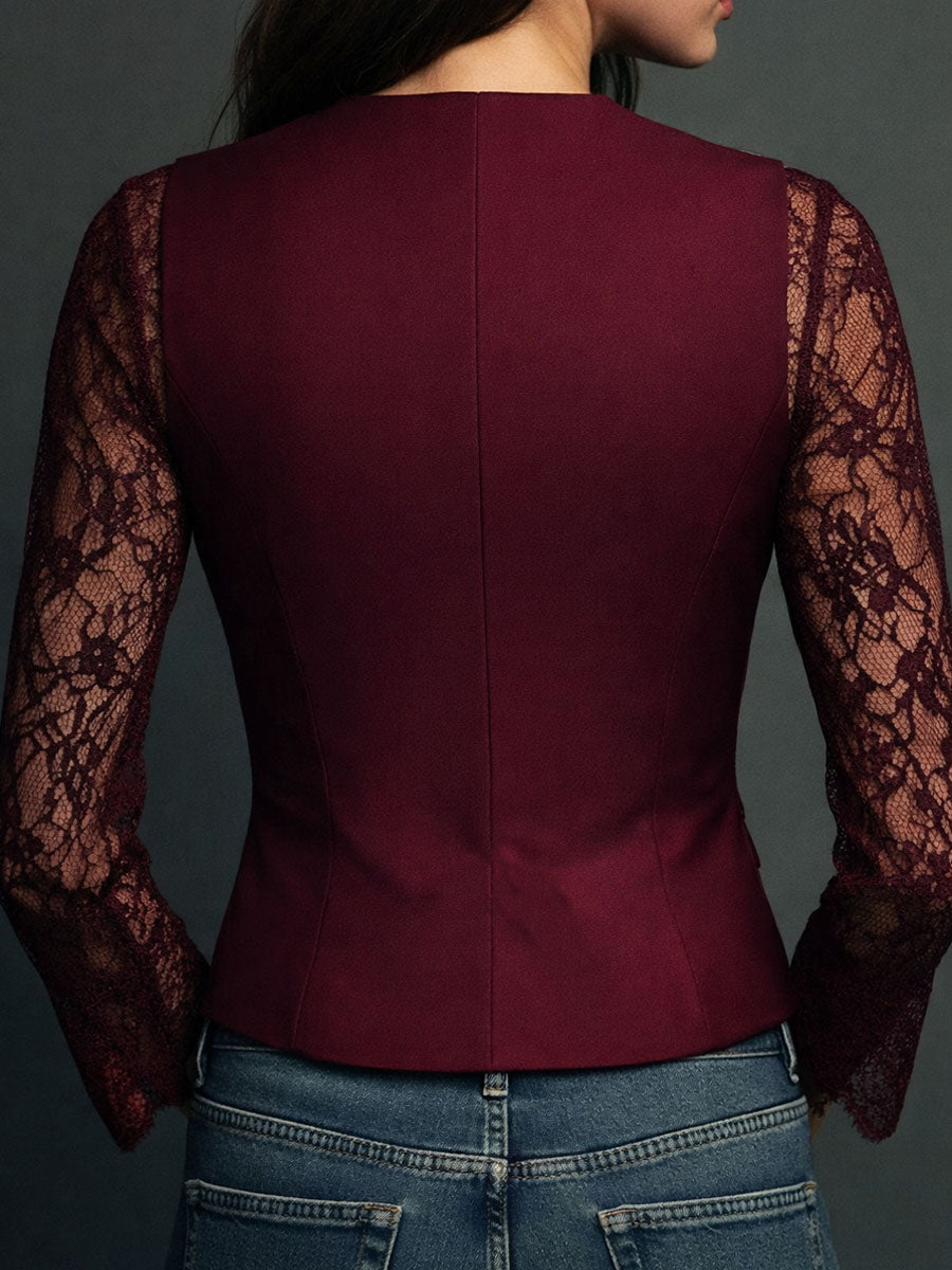 Nalira - Lace-Sleeve Blouse Waistcoat Set