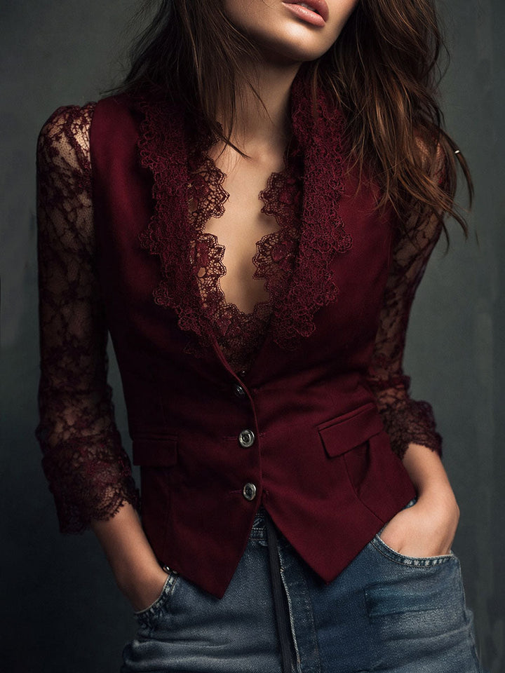 Nalira - Lace-Sleeve Blouse Waistcoat Set