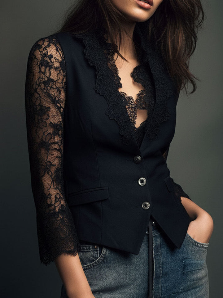 Nalira - Lace-Sleeve Blouse Waistcoat Set