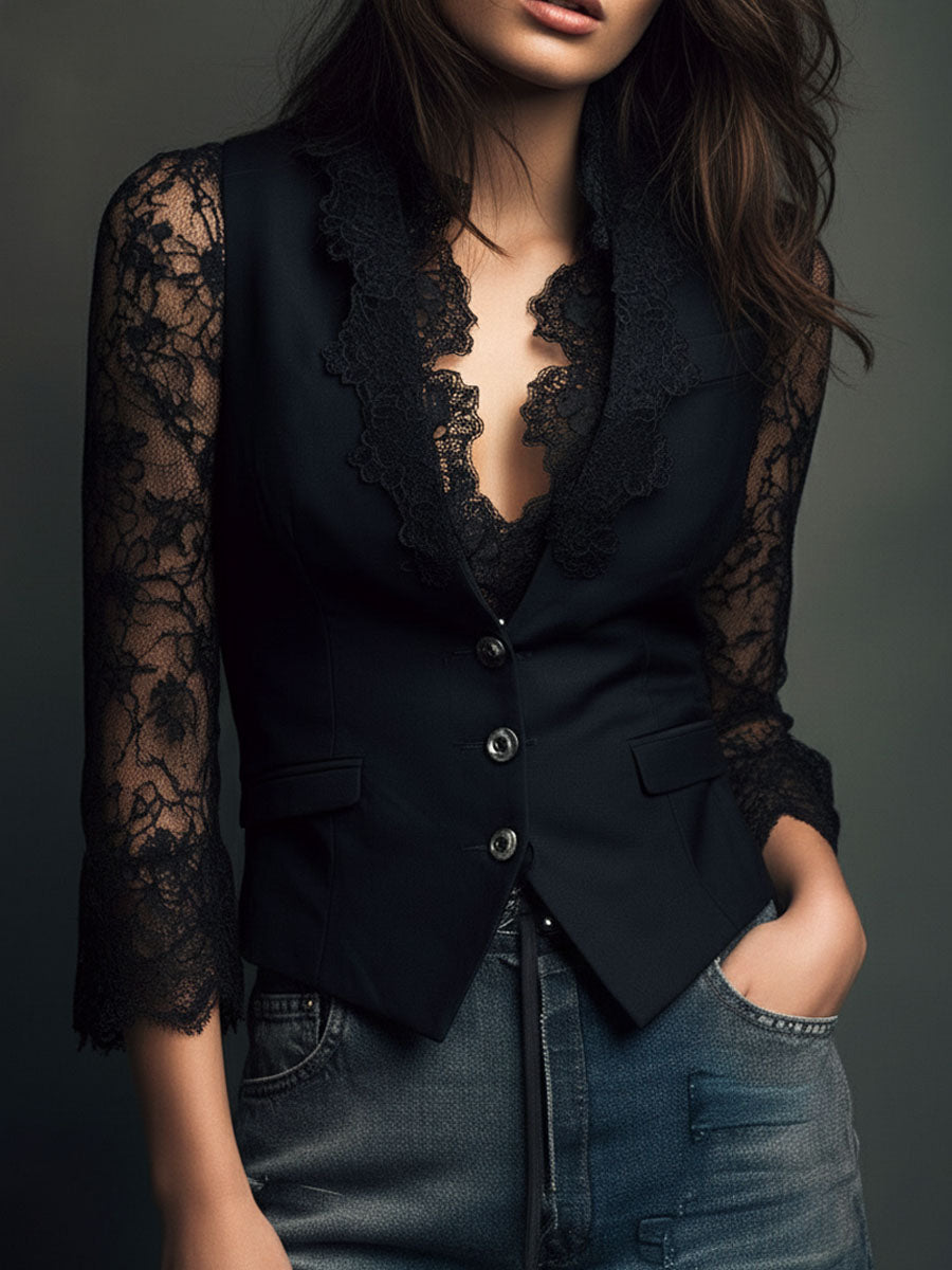Nalira - Lace-Sleeve Blouse Waistcoat Set
