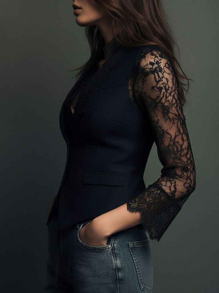 Nalira - Lace-Sleeve Blouse Waistcoat Set
