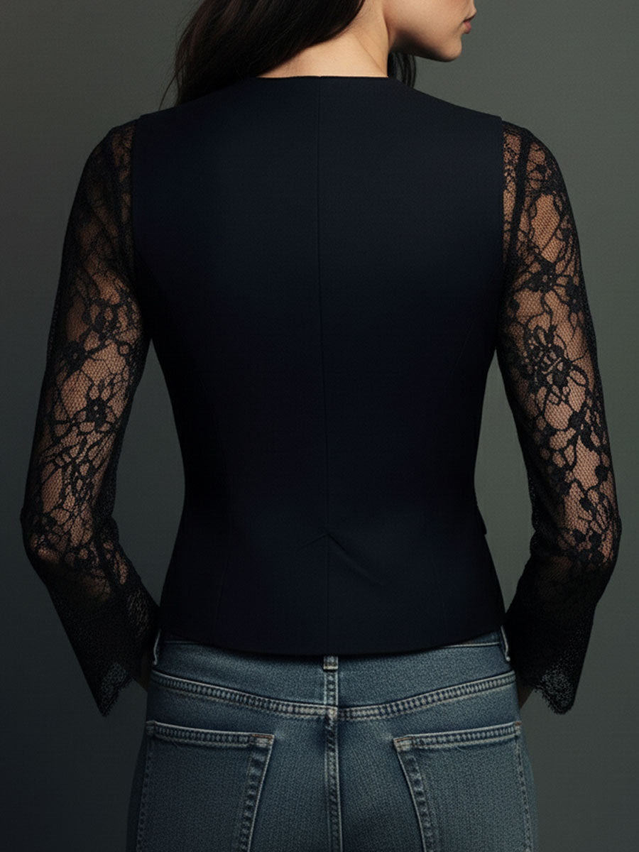 Nalira - Lace-Sleeve Blouse Waistcoat Set