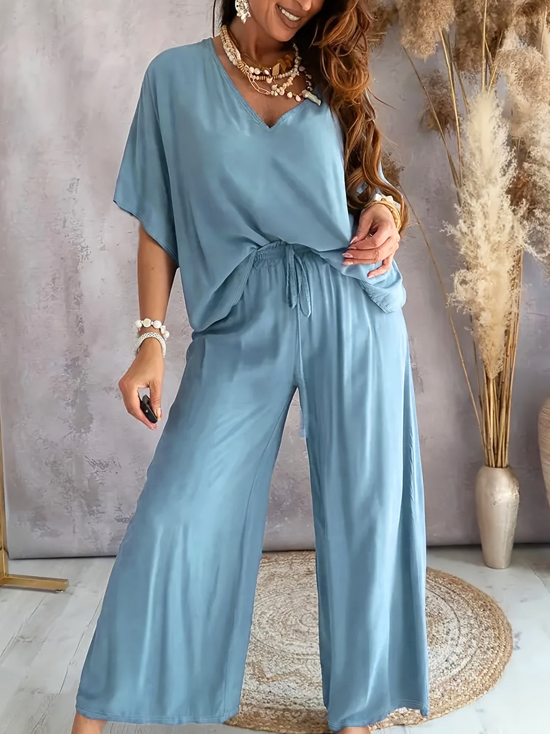 Velise - V-Neck Solid Two-Piece Set