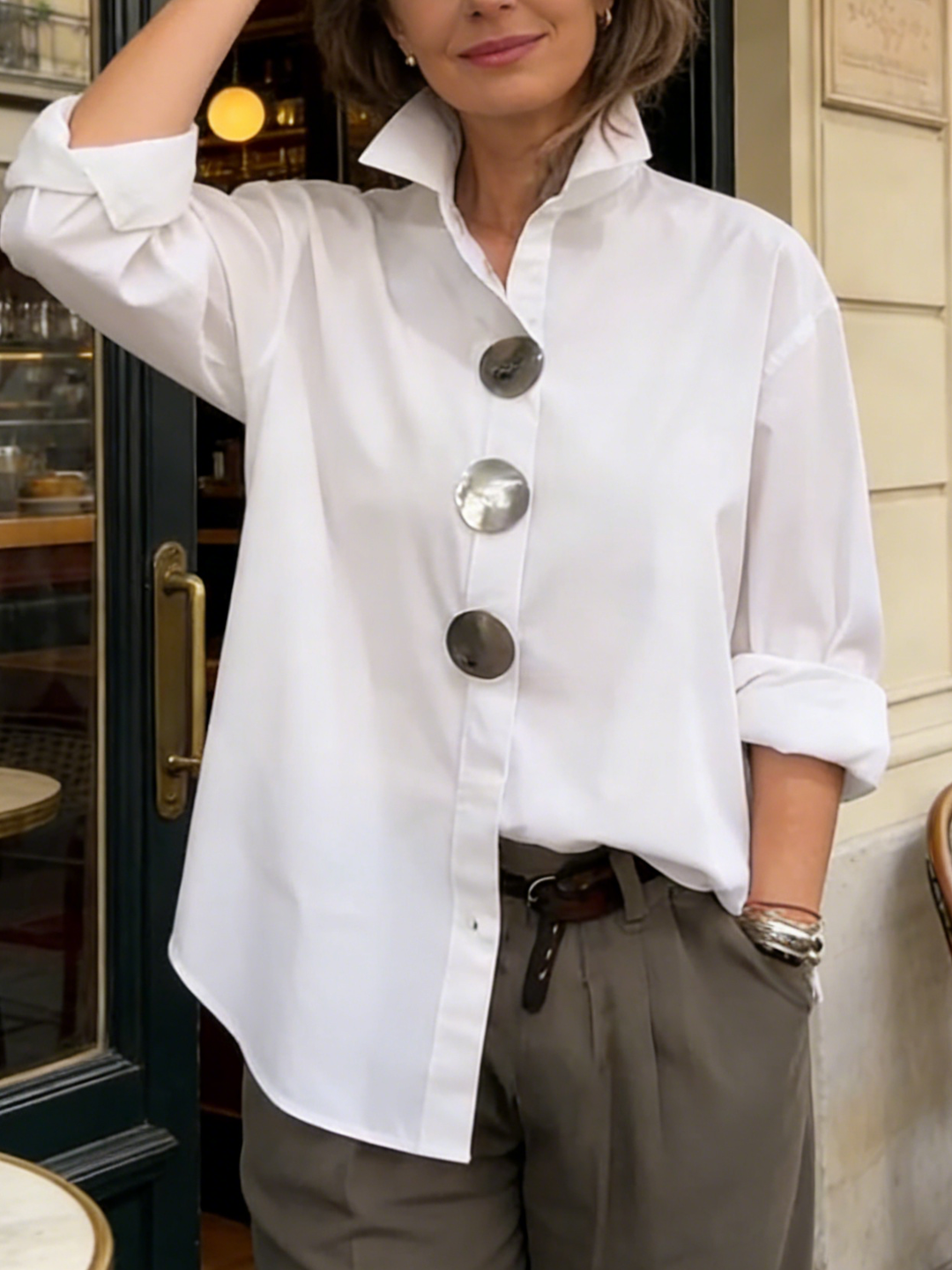 Avenya - Stand Collar Cotton-Linen Blouse