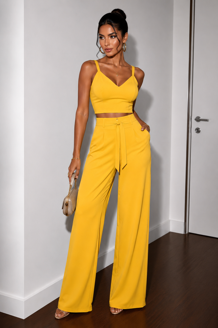Alyra - Tie-Waist Draped Palazzo Trouser Set