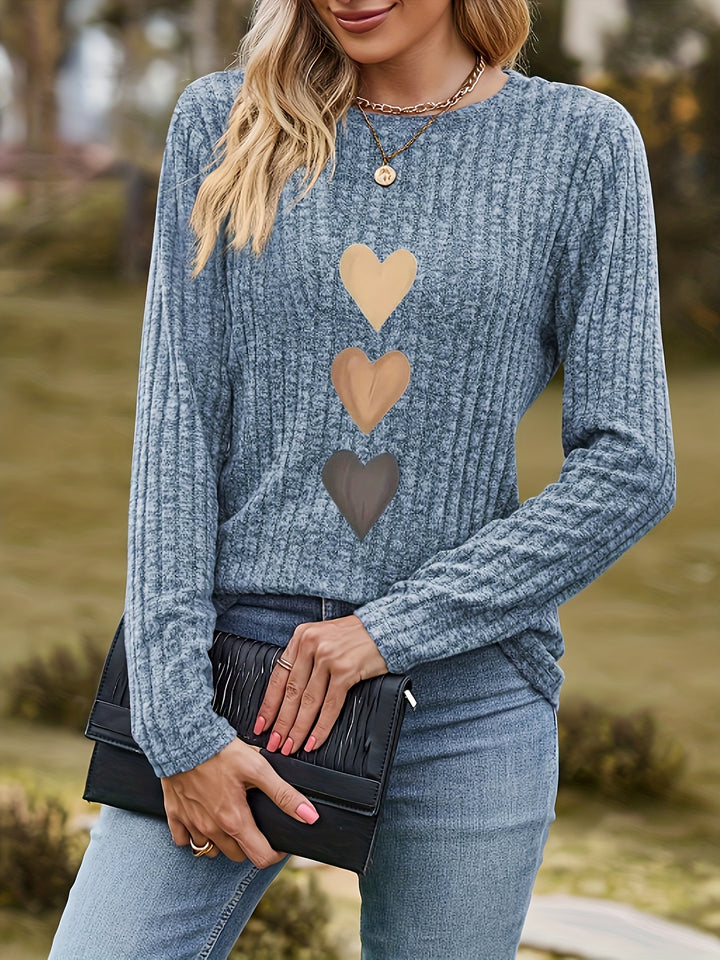 Mevara - Heart Print Rib Knit Top