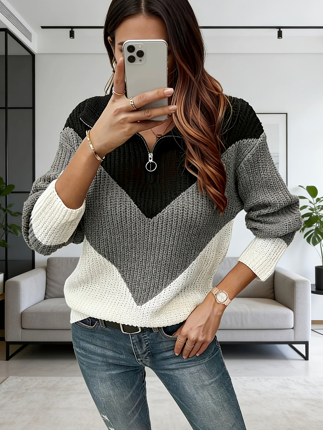Velira - Colorblock Knit Zip Sweater