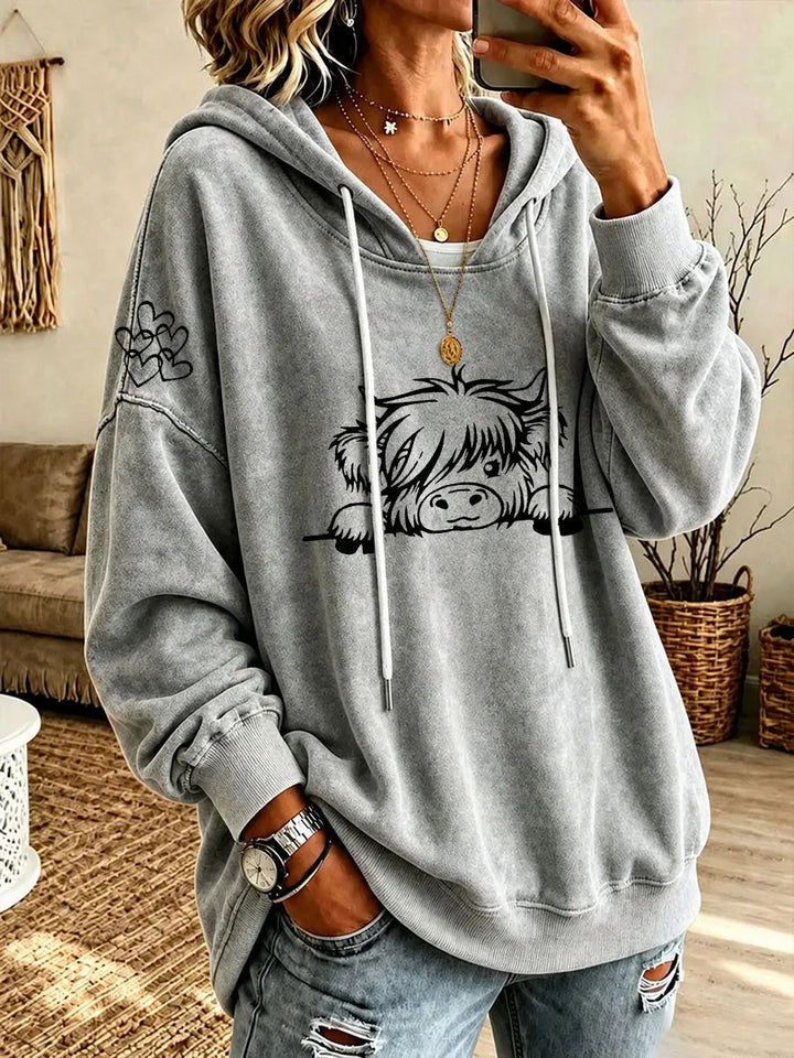 Noreli - Allover Highland Cattle Print Knit Hoodie