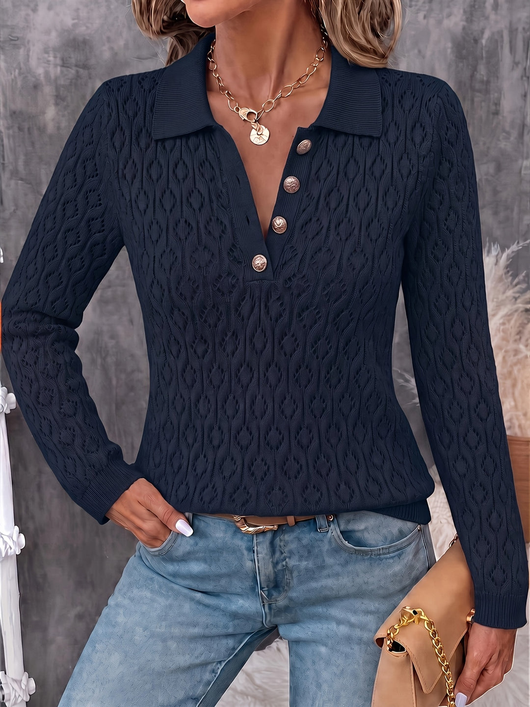 Avenya - Openwork Knit Polo Sweater