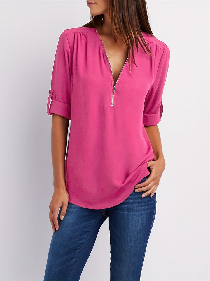 Nivara - Zip V-Neck Woven Blouse