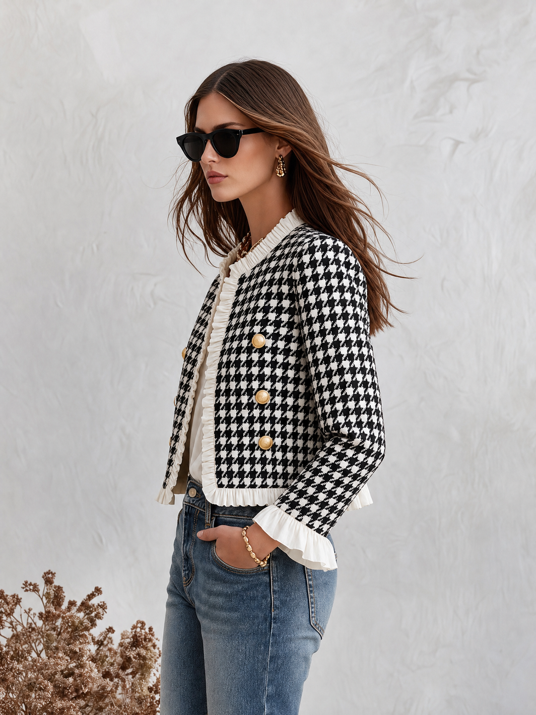 Mevara - Ruffle-Trim Houndstooth Jacket