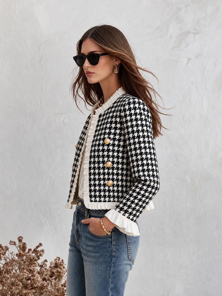 Mevara - Ruffle-Trim Houndstooth Jacket