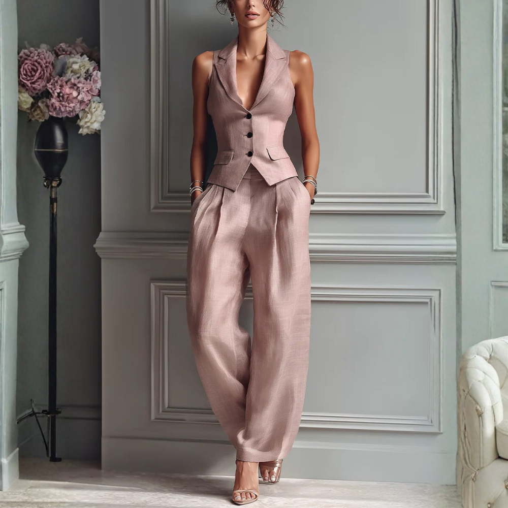 Velora - V-Neck Button-Front Woven Set