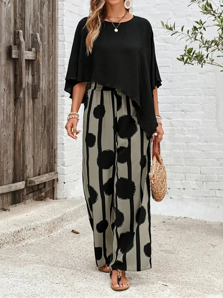 Elyra - Asymmetric Boat-Neck Printed Two-Piece Set