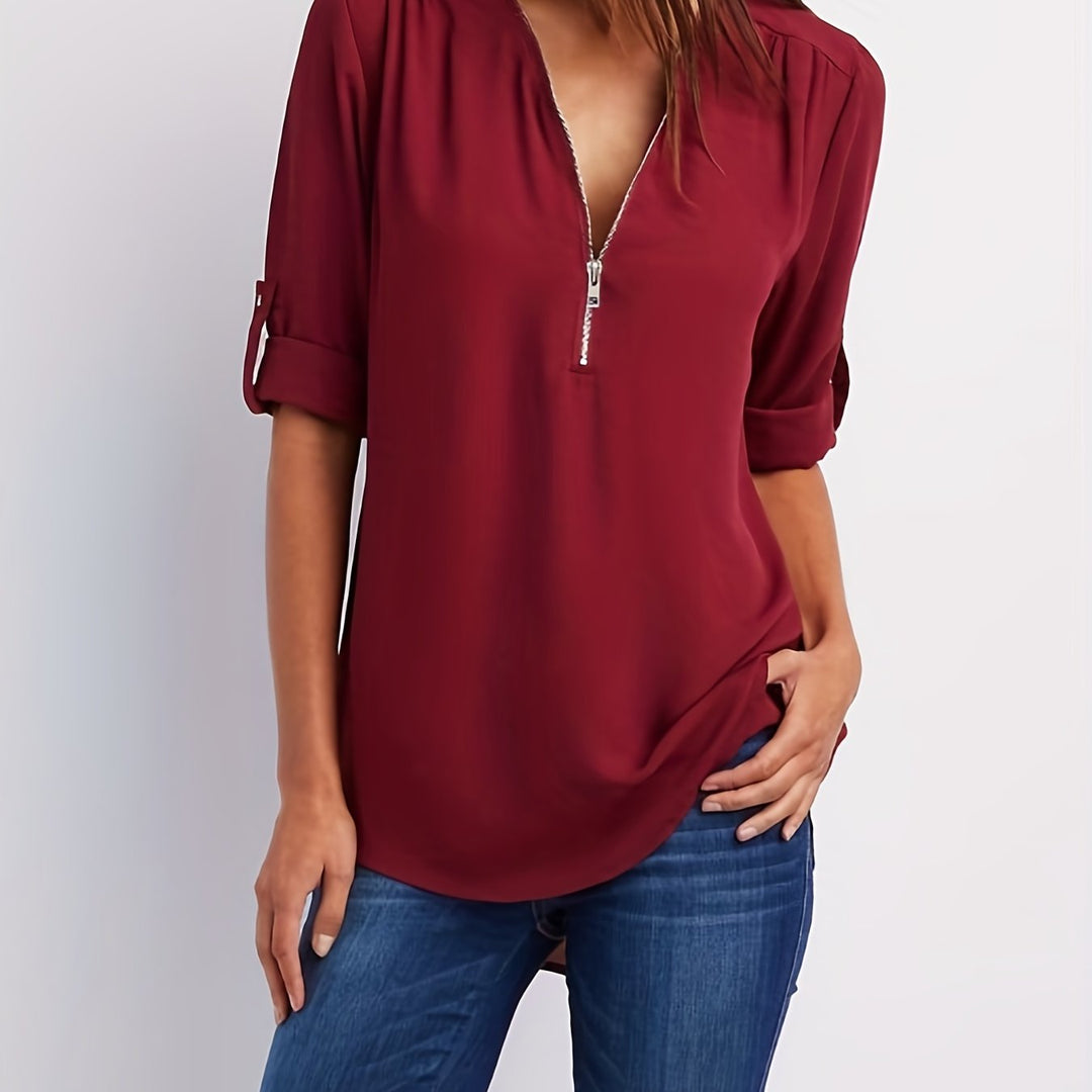 Nivara - Zip V-Neck Woven Blouse