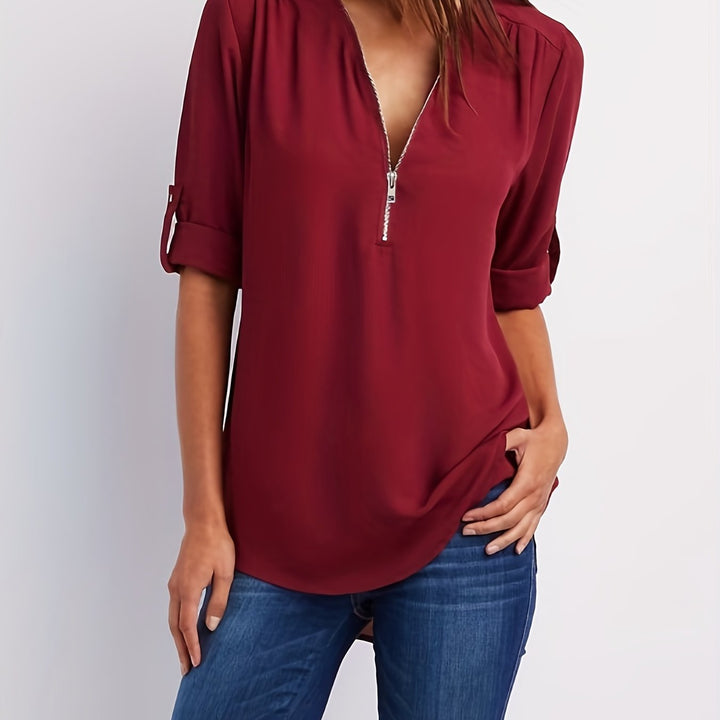 Nivara - Zip V-Neck Woven Blouse