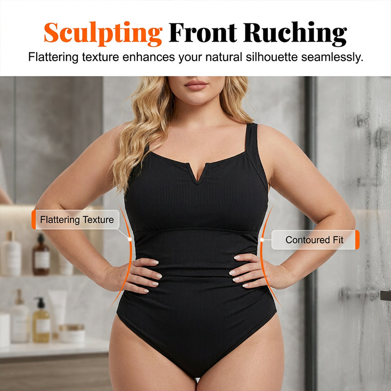 Vesara - Front-Ruched Ribbed Knit One-Piece Swimsuit
