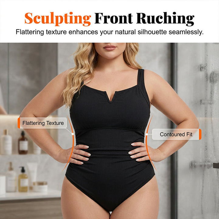 Vesara - Front-Ruched Ribbed Knit One-Piece Swimsuit