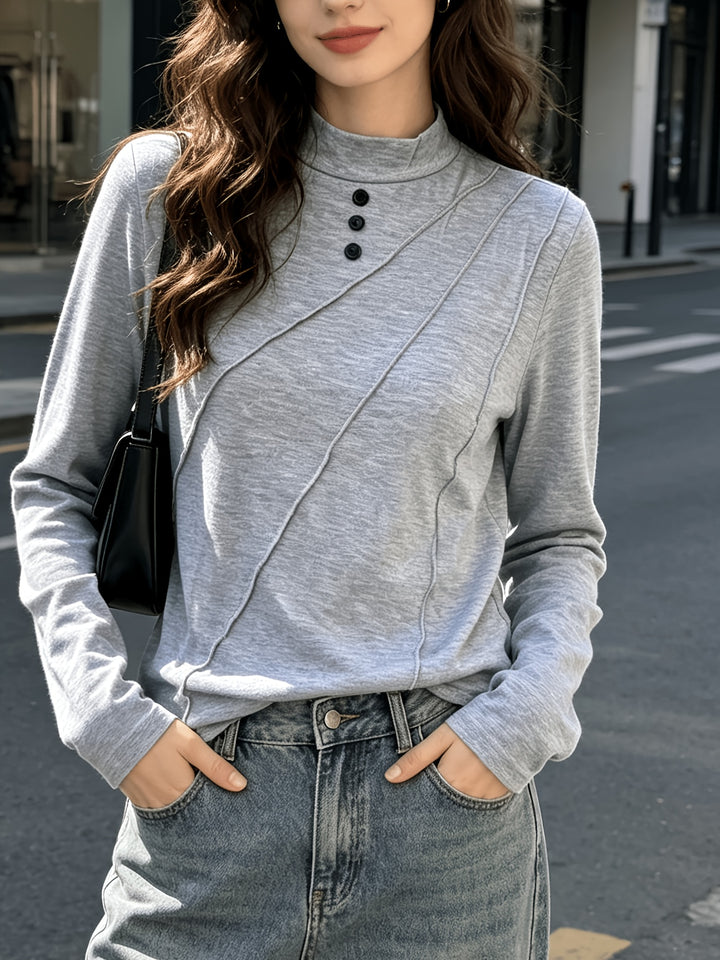 Selara - High Neck Stretch Knit Long-Sleeve T-Shirt
