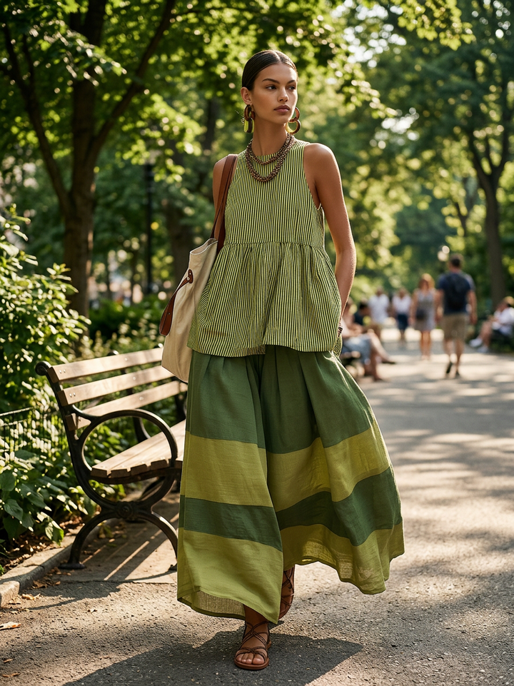 Navira - Color-Blocked Cotton-Linen Wide-Leg Pants Set