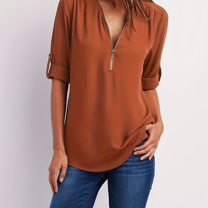 Nivara - Zip V-Neck Woven Blouse