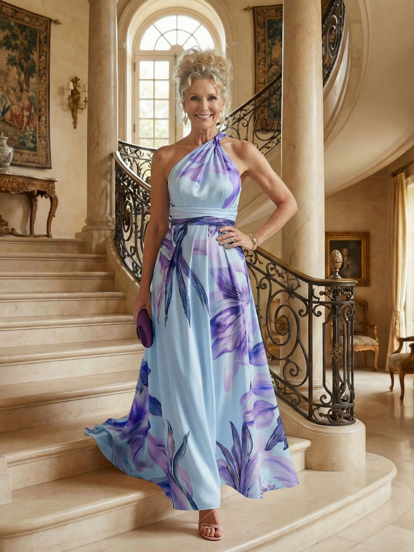 Mevara - Halter-Neck Floral Print Maxi Dress