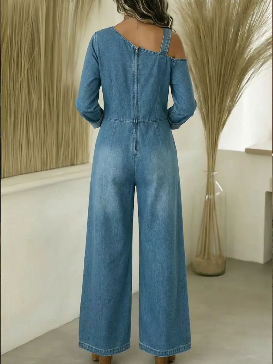 Lyrane - Bardot Neckline Denim Jumpsuit