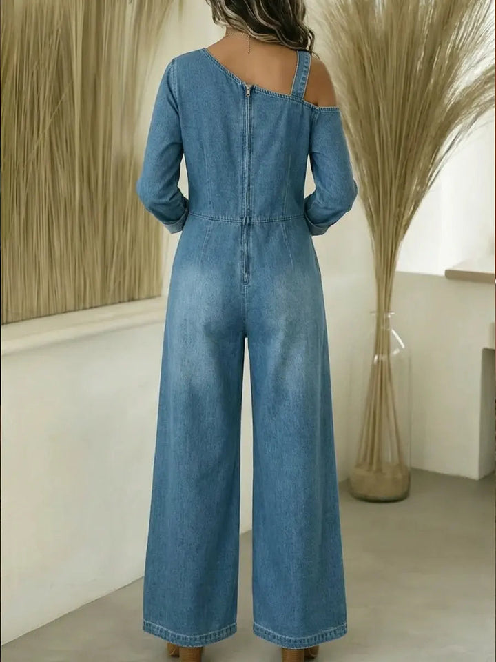 Lyrane - Bardot Neckline Denim Jumpsuit