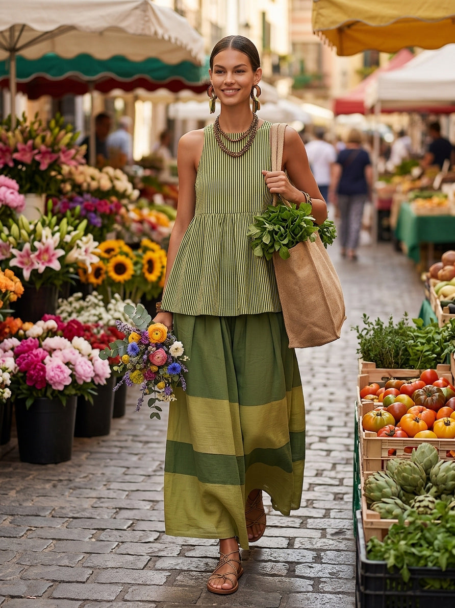 Navira - Color-Blocked Cotton-Linen Wide-Leg Pants Set