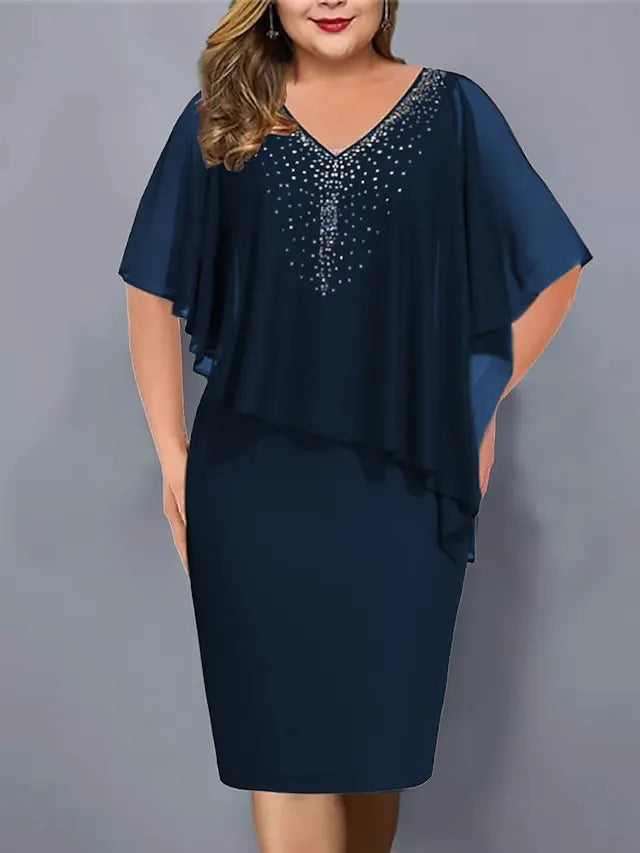 Virela - Rhinestone V-Neck Chiffon Midi Dress