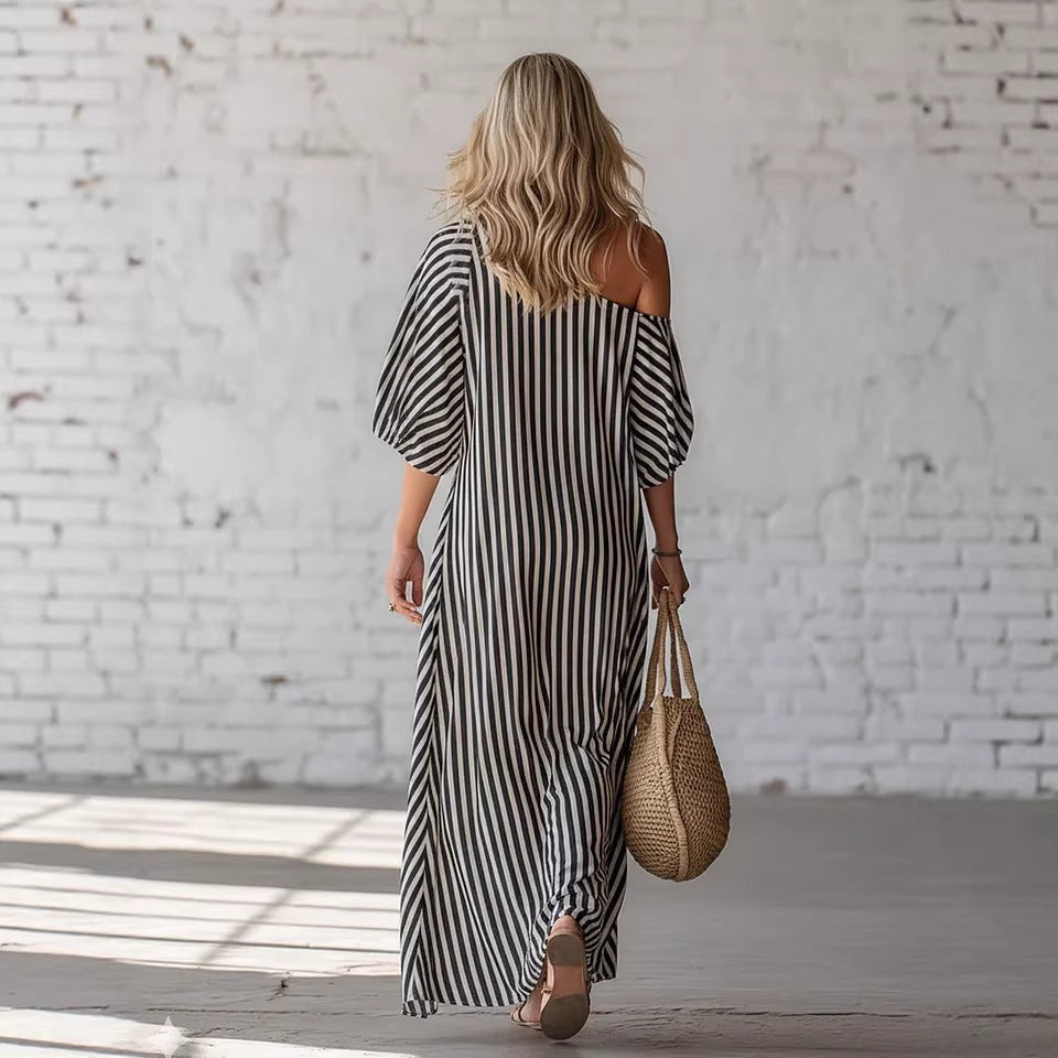 Avyra - Off-Shoulder Striped Maxi Dress