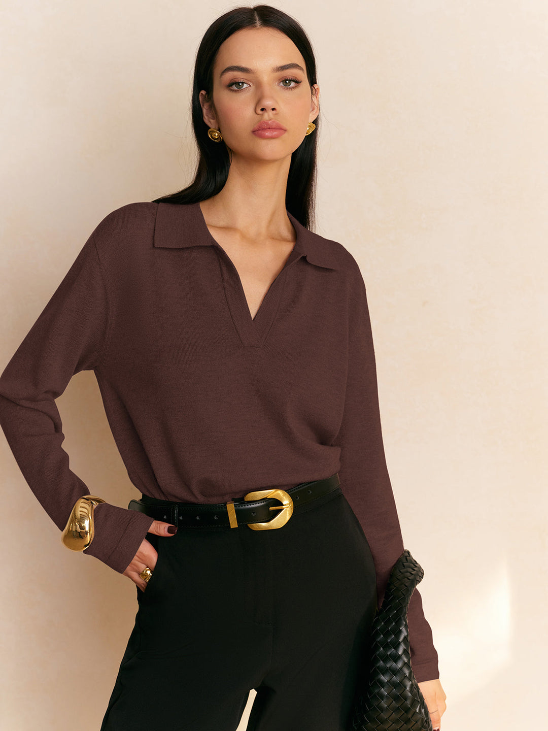 Elyra - Polo V-Neck Fine Knit Jumper