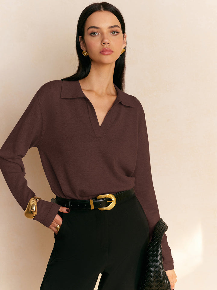 Elyra - Polo V-Neck Fine Knit Jumper