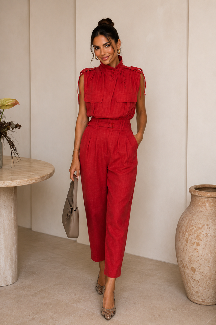 Vesara - Paperbag Waist Linen-Blend Jumpsuit